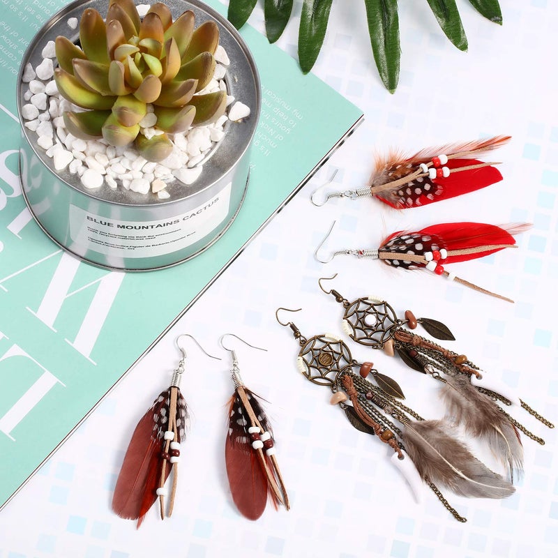 meekoo 6 Pairs Women Faux Feather Earrings Dream Catcher Bohemian Fringe Tassel Long Drop Dangle Earrings Set with Design for Women(Style 7) - Image 3